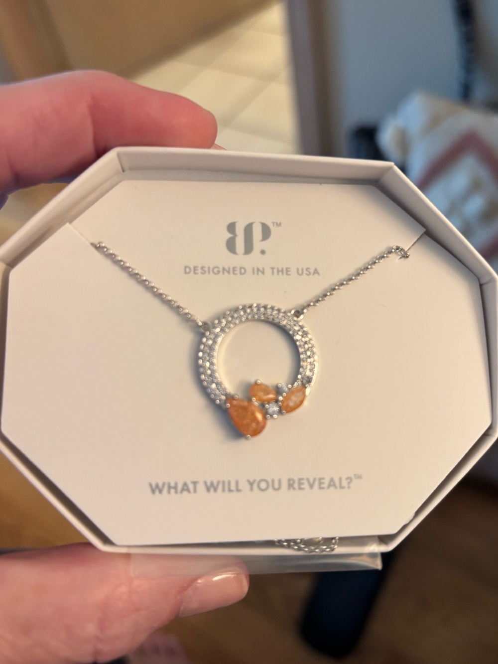 BP Original Rhodium Plating Circle Necklace with Peach Accents- NEW in box!